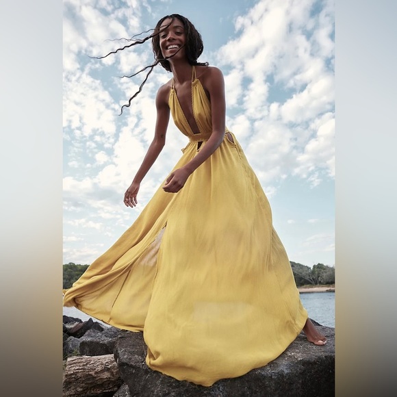 Free People Dresses & Skirts - NEW Free People Look Into the Sun Maxi Dress Keyhole Tie Halter Crepe Yellow